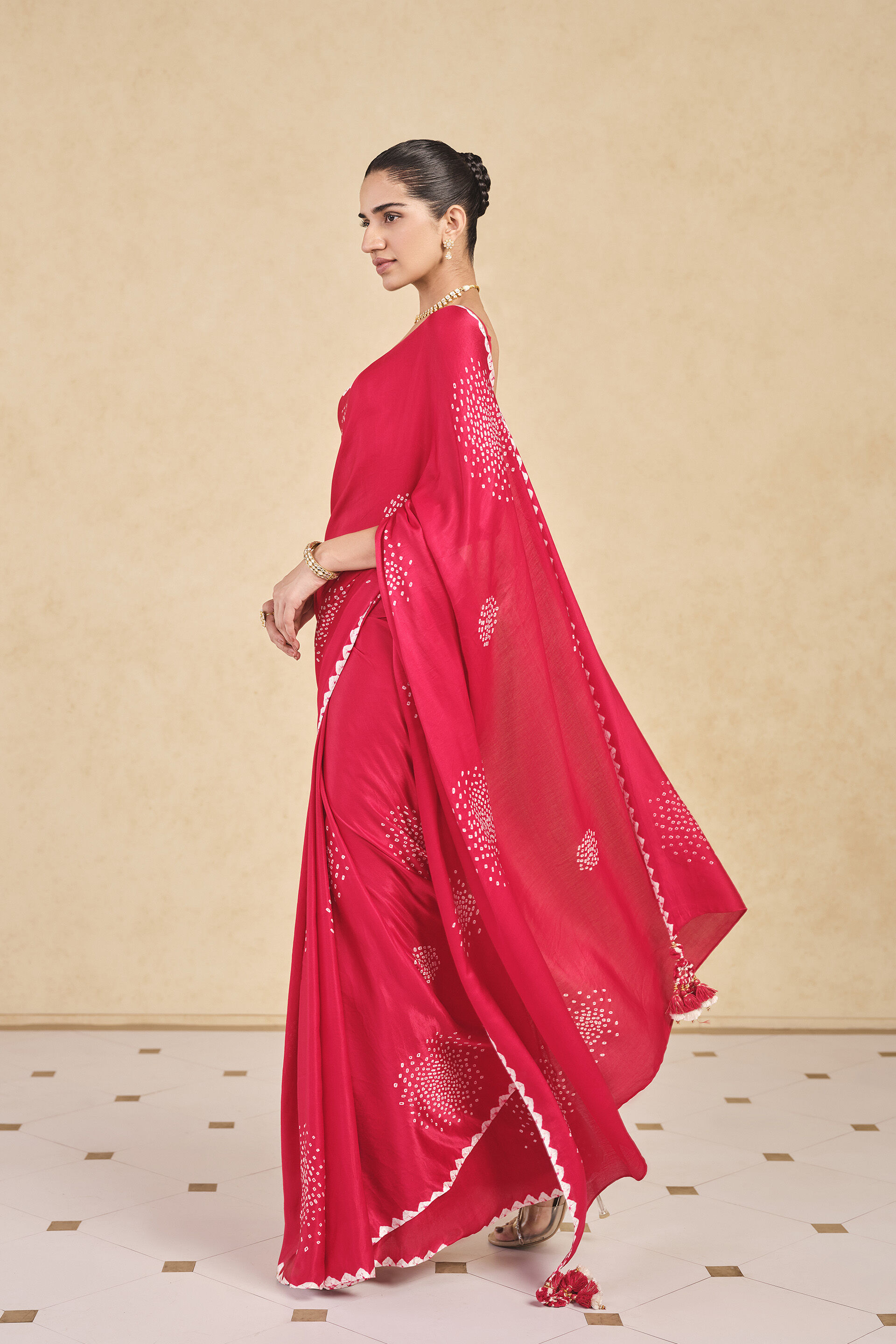 Maywa Handcrafted Bandhani Silk Saree - Red, Red, image 3